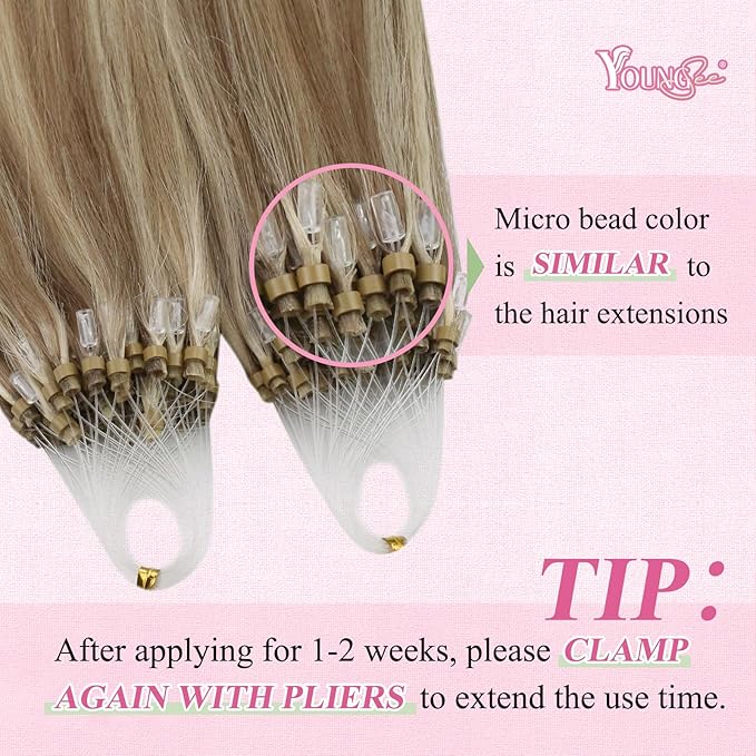 YoungSee Micro Bead Hair Extensions Highlight Microlink Hair Extensions Human Hair Light Brown Highlight Blonde Microbead Hair Extension 14In 50s 50g Beaded Hair Extension Soft for Short Hair