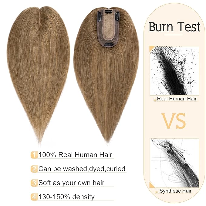 SEGO Human Hair Toppers for Women With Thinning Hair, 7 * 13CM Silk Base 100% Real Human Hair Clip in Top Wiglet Hairpieces -6 Inch No Bangs Light Brown