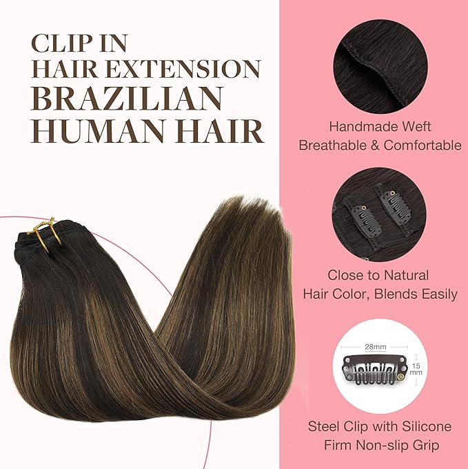 GOO GOO Clip in Hair Extensions Real Human Hair, Remy Human Hair Extensions Clip ins for Women, Natural Human Hair, 12inch 85g 7Pcs, 2/6/2 Balayage Dark Brown to Chestnut Brown