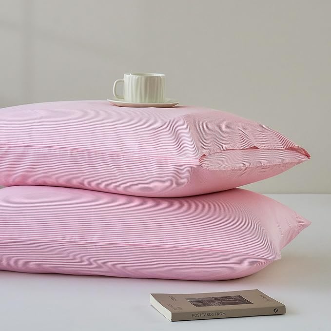 JELLYMONI 100% Natural Cotton Striped Standard Pillowcases Set, 2 Pack White and Thin Pink Striped Pattern Printed Pillow Covers with Envelope Closure(Pillows are not Included)