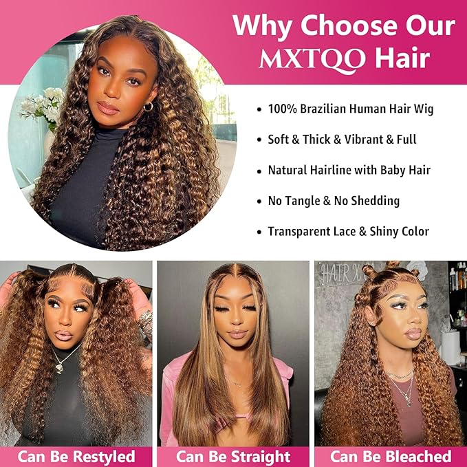 Ombre Highlight Lace Front Wig Human Hair 200 Density Deep Wave 13x6 HD Lace Front Wigs Human Hair P4/27 Honey Blonde Curly Wig for Women Pre Plucked with Natural Hairline (28 Inch)