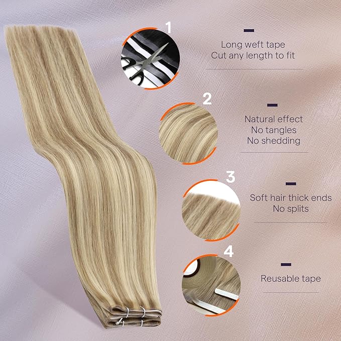 Full Shine Tape in Human Hair Extensions for Women Color 16 Highlighted 22 Blonde Tape in Weft Hair Extensions Human Hair Genius Long Weft Tape ins 50G One Piece 22Inch Seamless Skin Weft for Dating