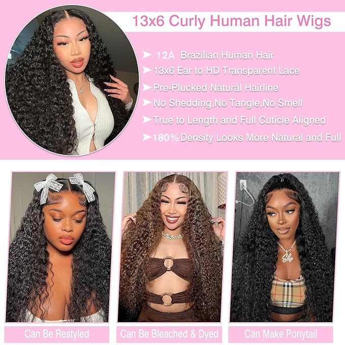 BVLBVL 34 inch Deep Wave Lace Front Wigs Human Hair 180 Density 13x6 HD Lace Frontal Wig Curly Wig Pre Plucked Wet and Wavy,Real Human Hair No Synthetic Blend No Tangle No Shedding Triple Lifespan 3X