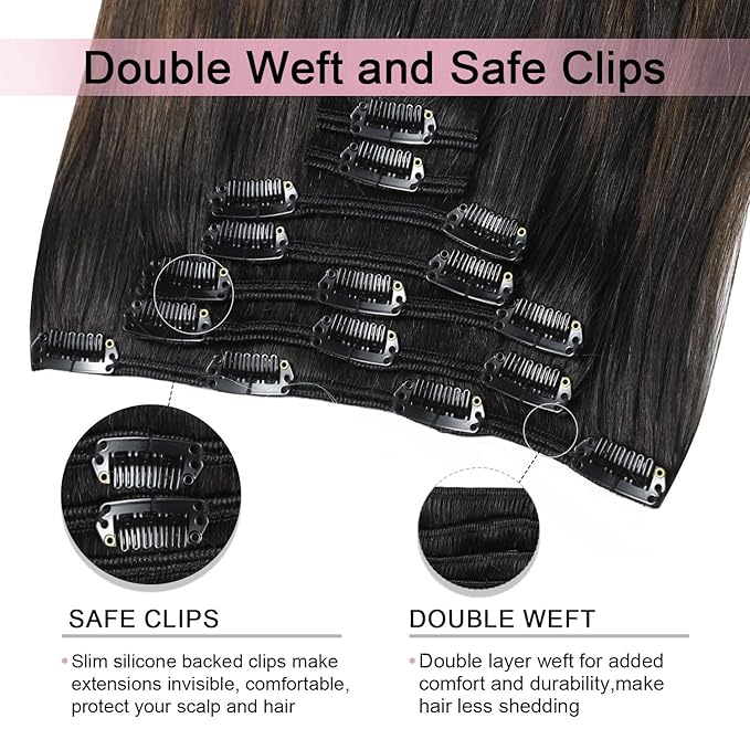 Pro2.0 Clip in Hair Extensions Real Human Hair 22inch 7pcs #1b/4/27 Natural Black to Chocolate Brown and Caramel Blonde Real Hair Extensions Clip in Human Hair 120g Thick（#1b/4/27-22inch）