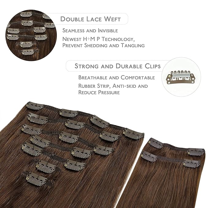 WENNALIFE Clip in Hair Extensions, 150g 18 Inch 9pcs Chocolate Brown Human Hair Extensions Thicker Clip in Hair Extensions Real Human Hair Clip Set Double Weft