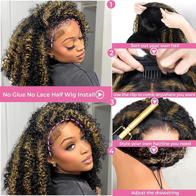 250% Density Kinky Curly Half Wig Human Hair Glueless Wigs Upgrade 3 IN 1 Highlight 1b/27 Half Wig With Drawstring Seamless Clip Ins Flip Over Kinky Curly Human Hair No Glue No Lace 18 Inch