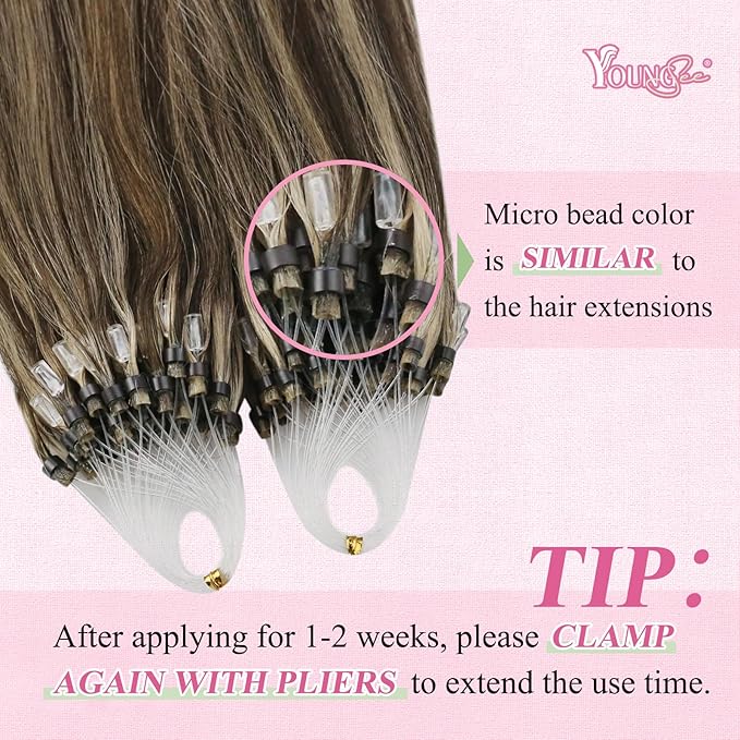 YoungSee Micro Link Hair Extensions Human Hair Brown Microbead Hair Extensions Human Hair Brown Highlight Blonde Beaded Hair Extensios 16In Micro Loop Hair Extension 50g 50s Remy Hair for Wedding
