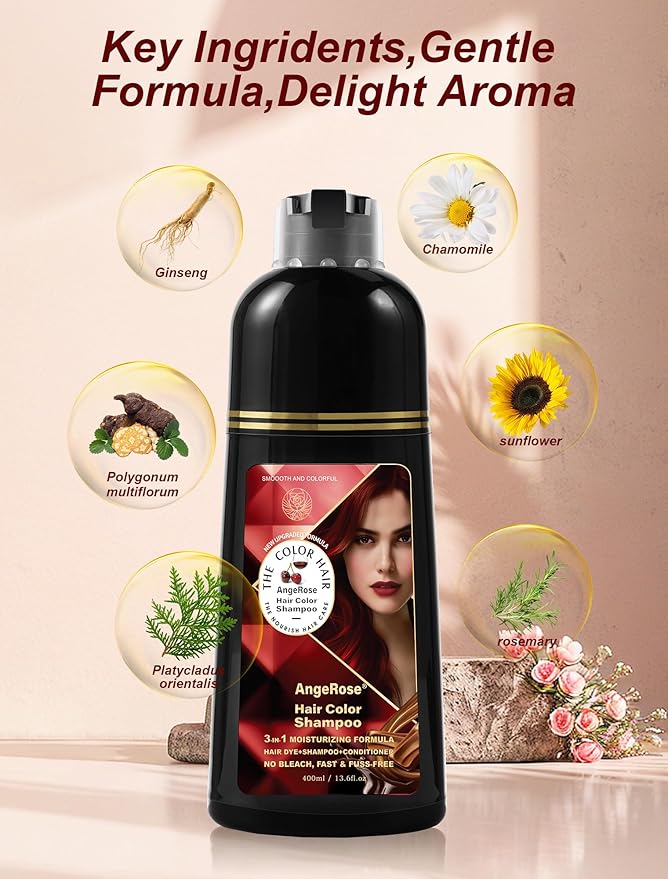 Wine Red Hair Dye Shampoo 3 in 1, Natural Hair Dye to Cover Gray Hair, 400 ML