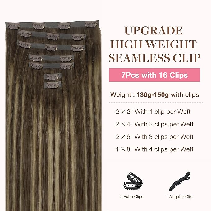 GOO GOO Clip in Hair Extensions Real Human Hair, Remy Human Hair Extensions Clip ins for Women, Natural Human Hair, 22inch 160g 7Pcs, #4/26/4 Balayage Chocolate Brown to Honey Blonde