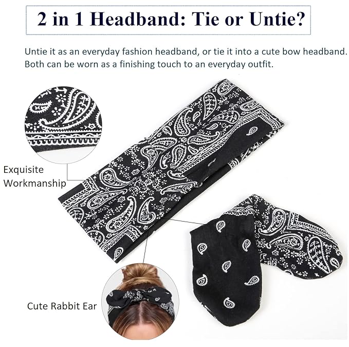 Tobeffect Paisley Bandana Headbands: Cute Summer Hair Accessories - Wide Knotted Bow Headband, Rabbit Ears Turban Headwraps for Women and Girls