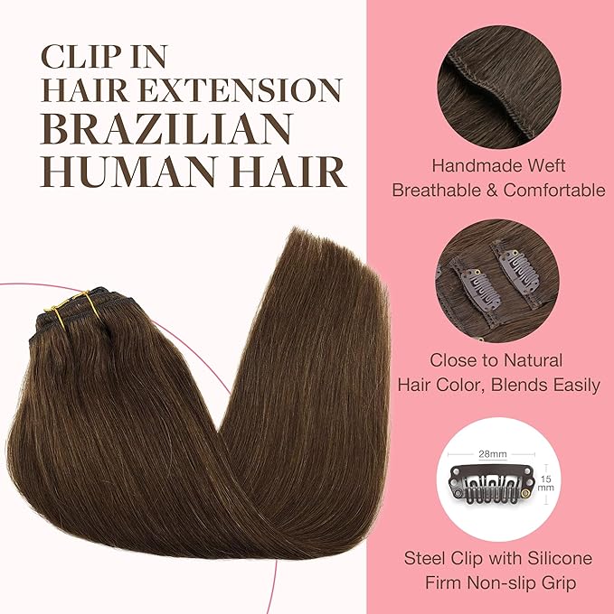 GOO GOO Clip in Hair Extensions Real Human Hair, Remy Human Hair Extensions Clip ins for Women, Natural Human Hair, 14inch 120g 7Pcs, 4A Chocolate Brown