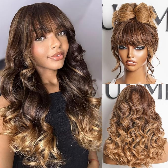 LUVME HAIR 7x6 HD Lace All-Day Comfort Wig with Bangs 200% Density Hair Lace Wigs Ombre Blonde Highlight Loose Body Wave Lace Front Wigs Human Hair Pre Cut Plucked Glueless 18 Inches