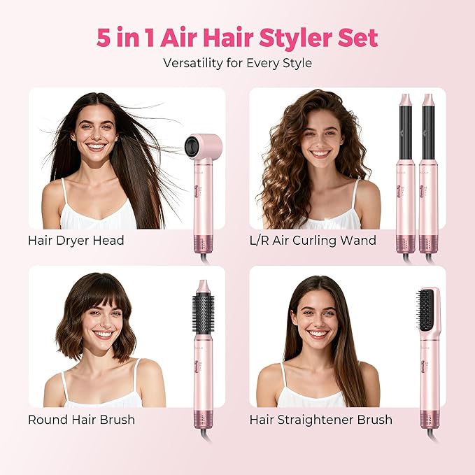 5 in 1 Hair Dryer Brush Set, Hot Air Styler, Detachable Blow Dryer Brush, 3 Heat Settings Auto Curling Wrap Styler, Ionic Hair Styling Tools, Straight Curl Dry Volumiz Smooth (Pink)
