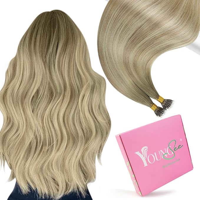 YoungSee Nano Bead Hair Extensions Human Hair Ombre Blonde Nano Ring Hair Extensions Balayage Ash Blonde Ombre Platinum Blond Nano-Link Balayage Human Hair Extension 24Inch 50G 50S for Wedding