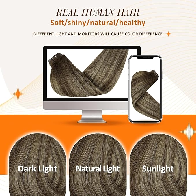 Full Shine Human Hair Clip in Extensions Brown Balayage Seamless Clip in Hair Extensions Human Hair Medium Brown with Honey Blonde Highlights Natural Seamless Look 18 Inch 8 Pcs 120 G