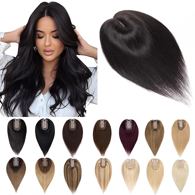 SEGO Human Hair Toppers for Women With Thinning Hair, 7 * 13CM Silk Base 100% Real Human Hair Clip in Top Wiglet Hairpieces /10 Inch No Bangs Natural Black