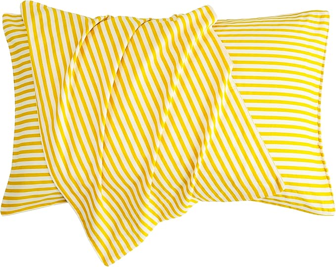 JELLYMONI 100% Natural Cotton Striped King Pillowcases Set, 2 Pack Bright Yellow Stripes Pattern Printed Pillow Covers with Envelope Closure(Pillows are not Included)
