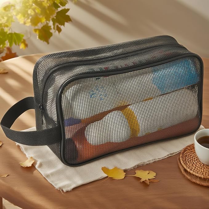 Black Mesh Shower Tote Bag - 6.5×10.2Inch Portable Quick-Dry Hanging Pouch for Bathroom, Gym, Camping, Toiletry Organizer