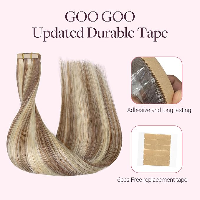 GOO GOO Tape in Hair Extensions Human Hair, 8B/60B Golden Blonde Highlights, 18inch 50g 20pcs, Skin Weft Seamless Invisible, Silky Straight with Thick Ends, Remy Human Hair