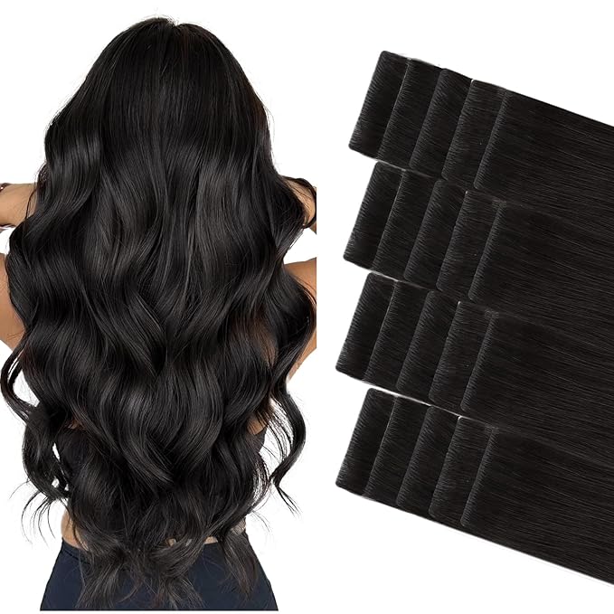 GOO GOO Invisi Edge Tape in Hair Extensions Human Hair, 1B Natural black 20pcs 22inch 50g, Virgin Remy Hair, Seamless Injected Tape, Natural Look