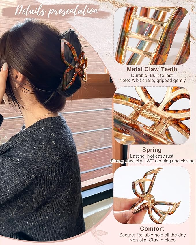 HAIMEIKANG 3 PCs Metal Acrylic Hair Bow Claw Clips - Strong Hold Non-Slip Large Gold Clips for Thick Hair
