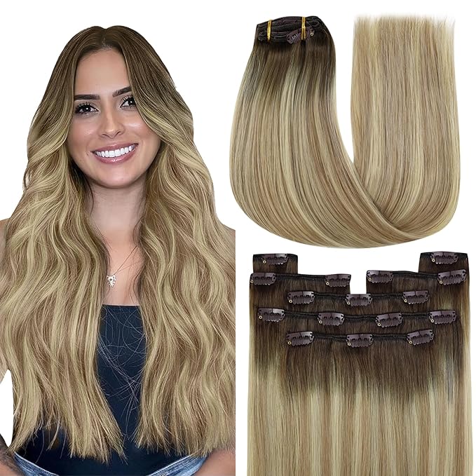 YoungSee Clip in Human Hair Extensions Brown Ombre Clip in Extensions Real Human Hair Walnut Ombre Light Brown with Blonde Balayage Real Hair Extensions Clip ins Human Hair 20Inch 120G 7Pcs