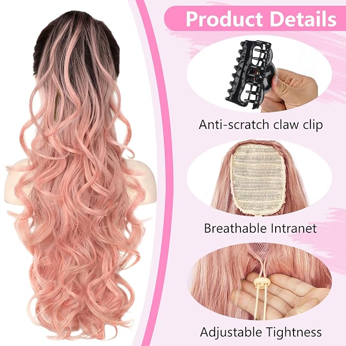 ALXNAN Ponytail Extension,24 Inch Claw Clip in Long Curly Wavy Omber Black to Pink Ponytail Hair Extension Jaw Clip on Pony Tails Hairpiece for Women