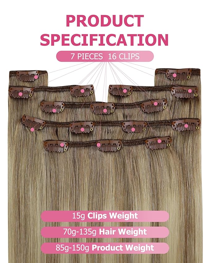 YoungSee Balayage Clip in Human Hair Extensions Light Brown Mix Blonde Balayage Straight Clip on Hair Extensions for Women Light Brown Real Human Hair Extension Clip ins 120G 14In 7Pcs