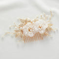 SWEETV Flower Bride Wedding Hair Comb of Fabric Material with Light Weight Pearl and Crystal Accents, Gold Color, 13*6 cm, for Brides Women and Girls Party Prom Gift