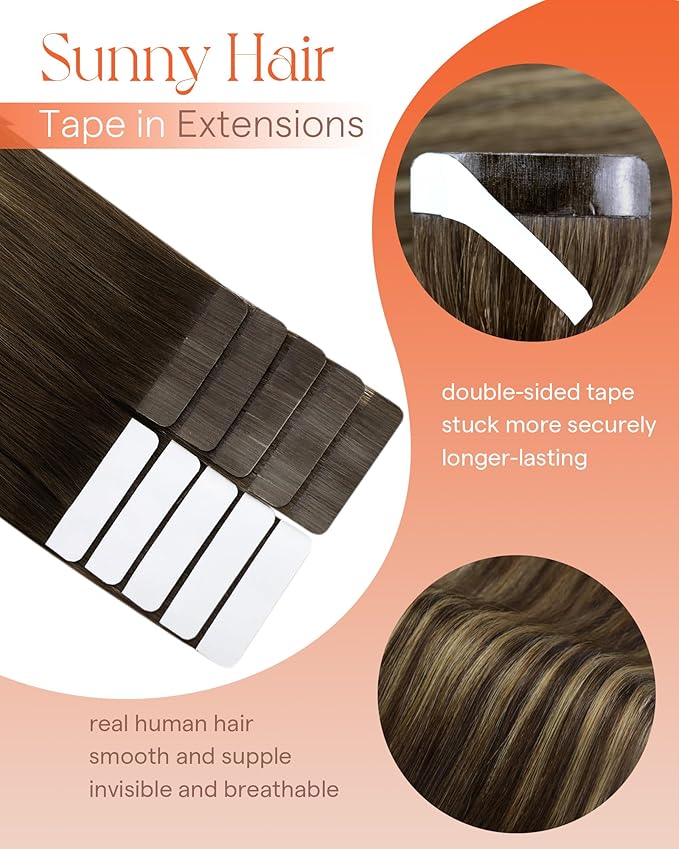 Sunny Hair Tape in Hair Extensions Real Human Hair Invisible Remy Hair Extensions Tape ins for Women Dark Brown Ombre Caramel Blonde Balayage 24 inch 25G
