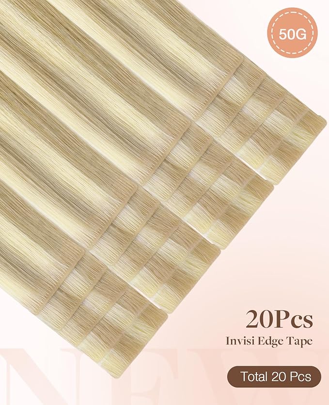 GOO GOO Invisi Edge Tape in Hair Extensions Human Hair, 18A/613A Dark Blonde Highlighted Bleach Blonde 20pcs 16inch 50g, Virgin Remy Hair, Seamless Injected Tape, Natural Look
