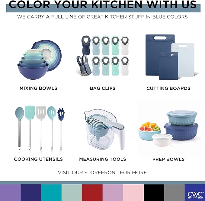 COOK WITH COLOR Mixing Bowls with TPR Lids - 12 Piece Plastic Nesting Bowls Set includes 6 Prep Bowls and 6 Lids, Microwave Safe (Blue)
