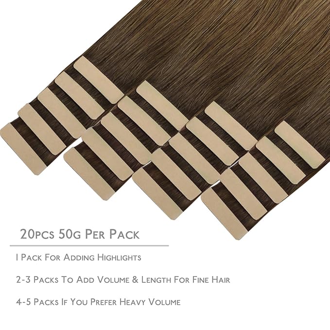 WENNALIFE Tape in Hair Extensions Human Hair, 20pcs 20 inch 50g Ombre Walnut Brown to Ash Brown and Bleach Blonde Remy Tape Hair Extensions Real Human Hair Tape Extensions Coloured Hair Extensions