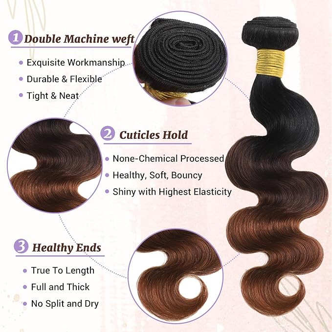 Body Wave Ombre Bundles Human Hair T1B/2/30 Chestnut Brown Ombre Color 2 Bundles of 16 Inch 100% Real Human Hair Unprocessed Raw Material For Quicky Weave
