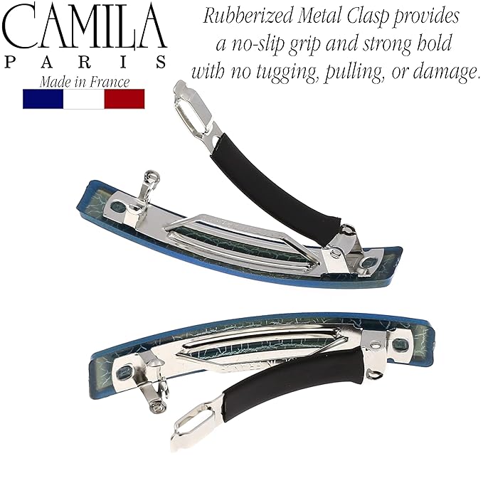 Camila Paris CP2956 French Hair Barrette Clip for Girls, Set of 2 Rubberized Metal Clasp Strong Hold Grip Hair Clips for Women, No Slip and Durable Styling Girls Hair Accessories, Made in France