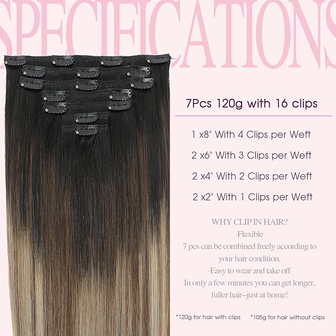 PINKPEARL Clip in Hair Extensions Real Human Hair #1B/4/27 Balayage Natural Black to Chocolate Brown and Caramel Blonde Clip in Hair 7pcs 120g 16inch Human Hair Extensios Clip ins(#1B/4/27-16)