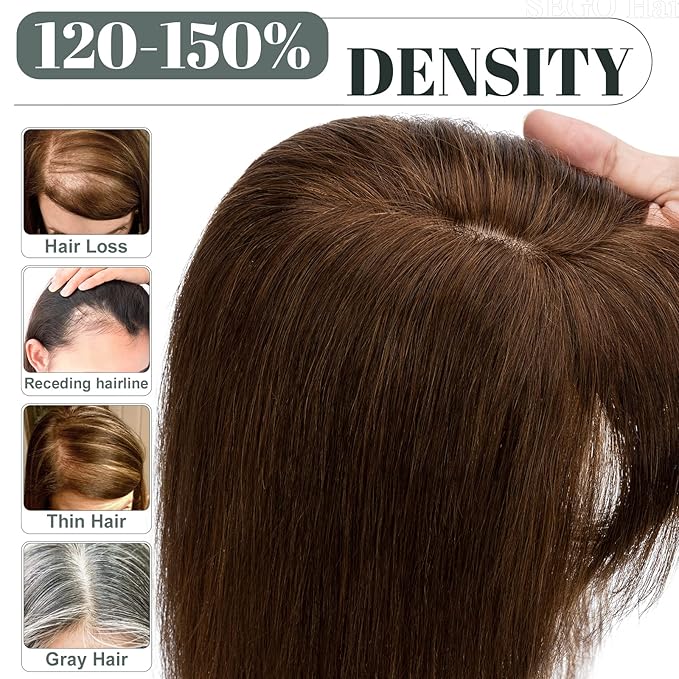 SEGO Hair Toppers for Women Real Human Hair with Thinning Hair, Toppers Hair Pieces Clip in Toppers Straight Hair Pieces with Front Bangs 150% Density Silk Base -6 Inch #4 Medium Brown