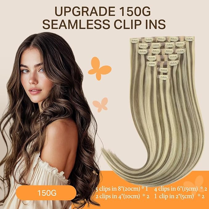 DOORES Seamless Human Hair Clip in Extensions, Light Brown Highlighted Medium Blonde 20 Inch 150g 7pcs, Virgin Silky Straight Thick Hair Extensions
