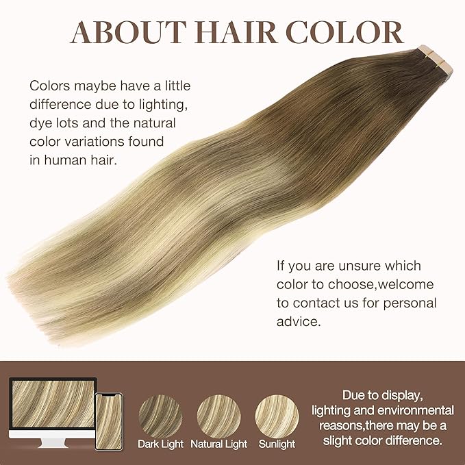 GOO GOO Tape in Hair Extensions Human Hair, 3/8/613 Balayage Walnut Brown to Ash Brown and Bleach Blonde, 22inch 30g 10pcs, Seamless Invisible, Silky Straight with Thick Ends, Remy Human Hair