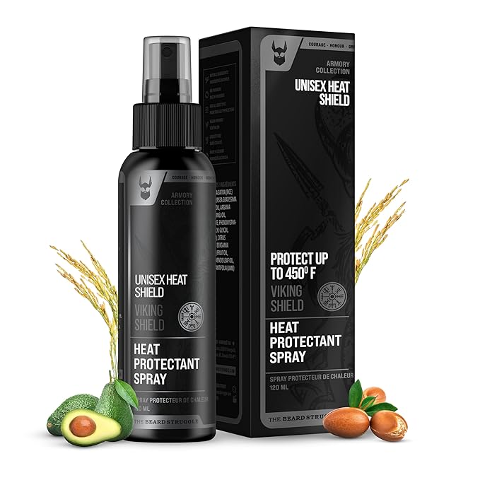 Beard & Hair Heat Protectant Spray - Viking Shield Beard Spray for Men, Protects Hair from Heat Damage of Straightener and Styling - Argan Oil Thermal Protector Spray - Protect Up To 450º F - 4 Fl Oz