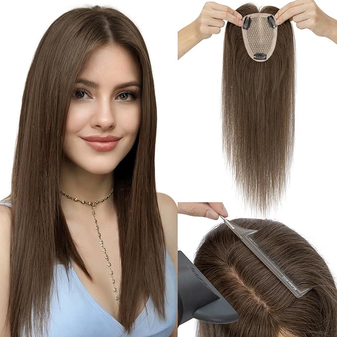 Hairro Human Hair Toppers Free Parted, 3.5x4.7" Base Hand-wovened 100% Real Hairpieces, with Invisible Clips-in for Women, for High Hairline/Adding Volume on Top, 14 Inch Cocoa Brown
