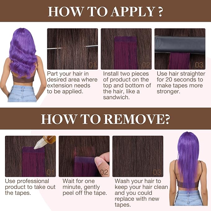 GOO GOO Tape in Hair Extensions Human Hair, Violet, 18inch 25g 10pcs, Colored Tape ins Human Hair Extensions, Silky&Soft Invisible Tape Ins, Hair Highlighted for Party