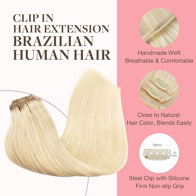 GOO GOO Clip in Hair Extensions Real Human Hair, Remy Human Hair Extensions Clip ins for Women, Natural Human Hair, 20inch 120g 7Pcs, 613R Bleach Blonde