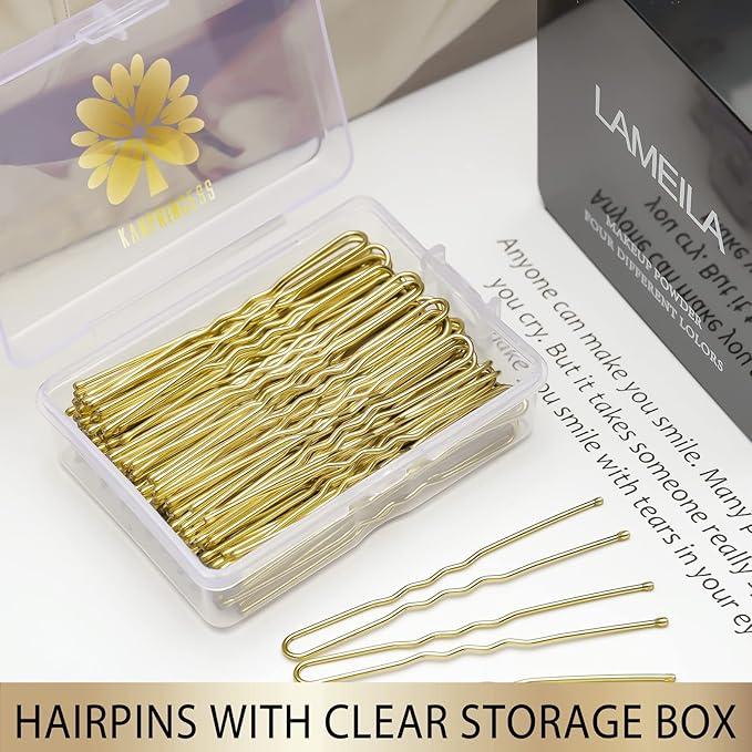 100PCS 2.4Inch U Shaped Hair Pins,Gold Bobby Pins for All Hair Types,Hair Pins for Women,Pain-Free U Pins for Buns With Box（Gold）