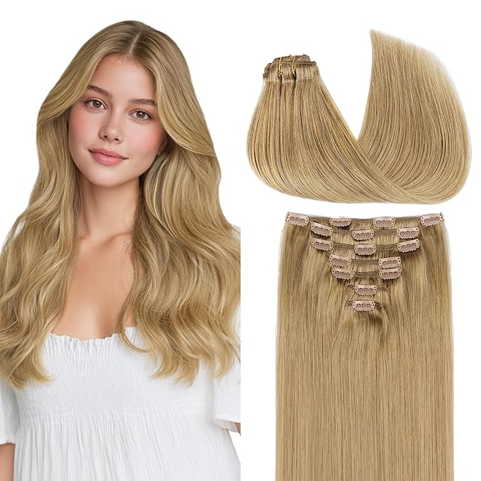 GOO GOO Clip in Hair Extensions Real Human Hair, Remy Human Hair Extensions Clip ins for Women, Natural Human Hair, 16inch 120g 7Pcs, 7 Bronde