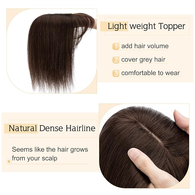 SEGO Hair Toppers for Women Real Human Hair With Bangs, 7 * 13CM Silk Base 100% Remy Human Hair Clip in Top Wiglet Hairpieces Add Volume -18 Inch Dark Brown
