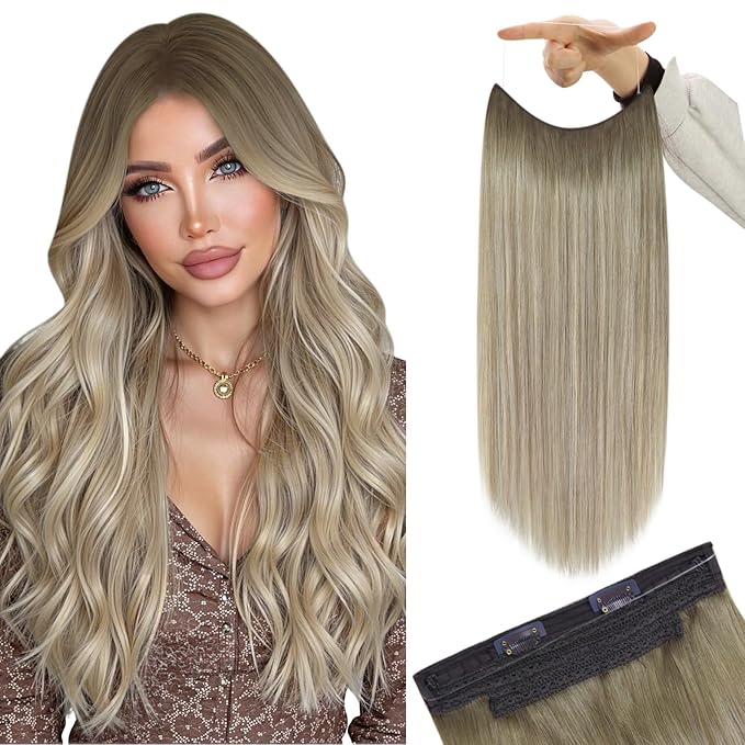 YoungSee Wire Hair Extensions Real Human Hair Ash Blonde Wire Human Hair Extensions Balayage Ash Mix Platinum Blonde One Piece Hair Extension with Extra Clips for Women 16inch 80g