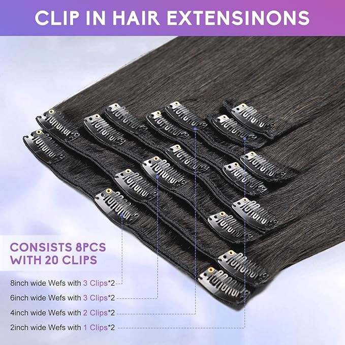 Clip in Hair Extensions Real Human Hair, 16 Inch 90g, 1B Natural Black, Invisible Seamless Straight Remy Human Hair Extensions Cip ins for Women 8pcs Per Set with Double Weft
