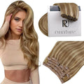 RUNATURE Clip in Hair Extensions Real Human Hair, Long Remy Hair Extensions Clip Ins for Women Full Head Thick Natural Hair 20 Inch 120g 7pcs #10P16 Dark Blonde Highlight Caramel Blonde