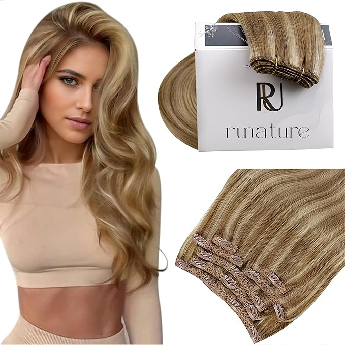 RUNATURE Clip in Hair Extensions Real Human Hair, Long Remy Hair Extensions Clip Ins for Women Full Head Thick Natural Hair 20 Inch 120g 7pcs #10P16 Dark Blonde Highlight Caramel Blonde